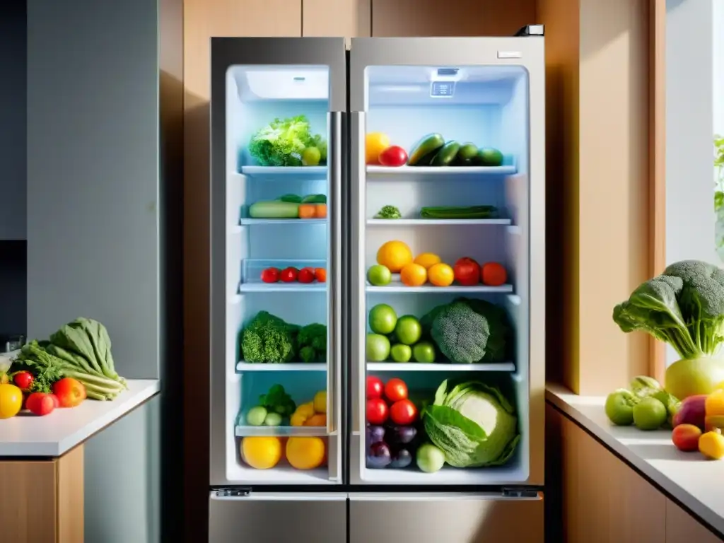 Un refrigerador eficiente con frutas y verduras frescas en envases transparentes, ideal para hogares ecoamigables