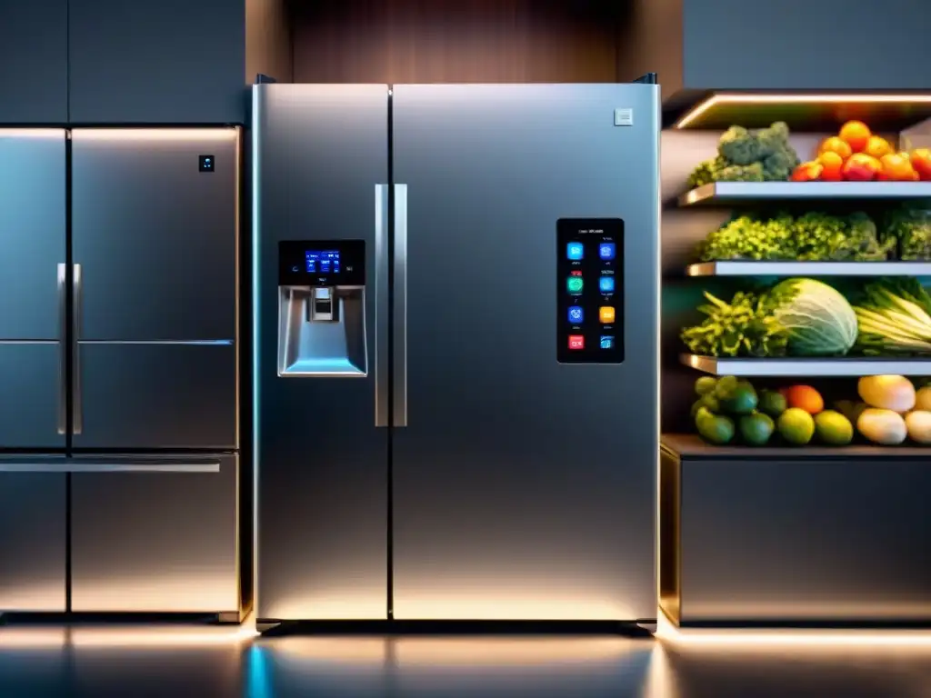 Refrigerador inteligente eficiente y sostenible con pantalla digital y luces LED brillantes