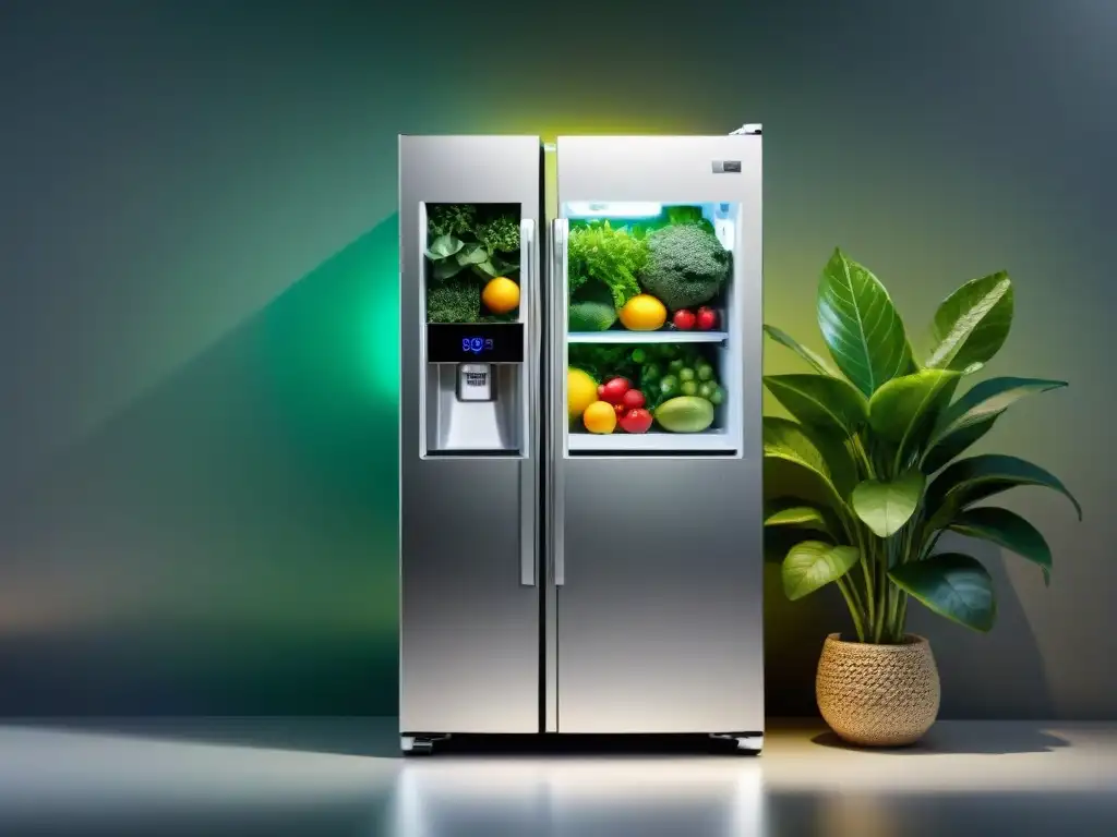 Un refrigerador inteligente futurista con innovaciones electrodomésticos eficiencia energética y estilo verde sostenible