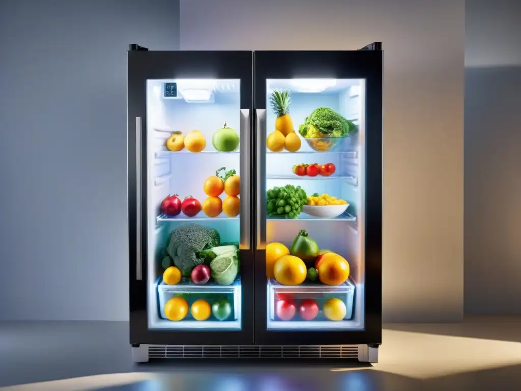 Un refrigerador moderno con alimentos frescos y coloridos organizados en estantes, iluminados por LED