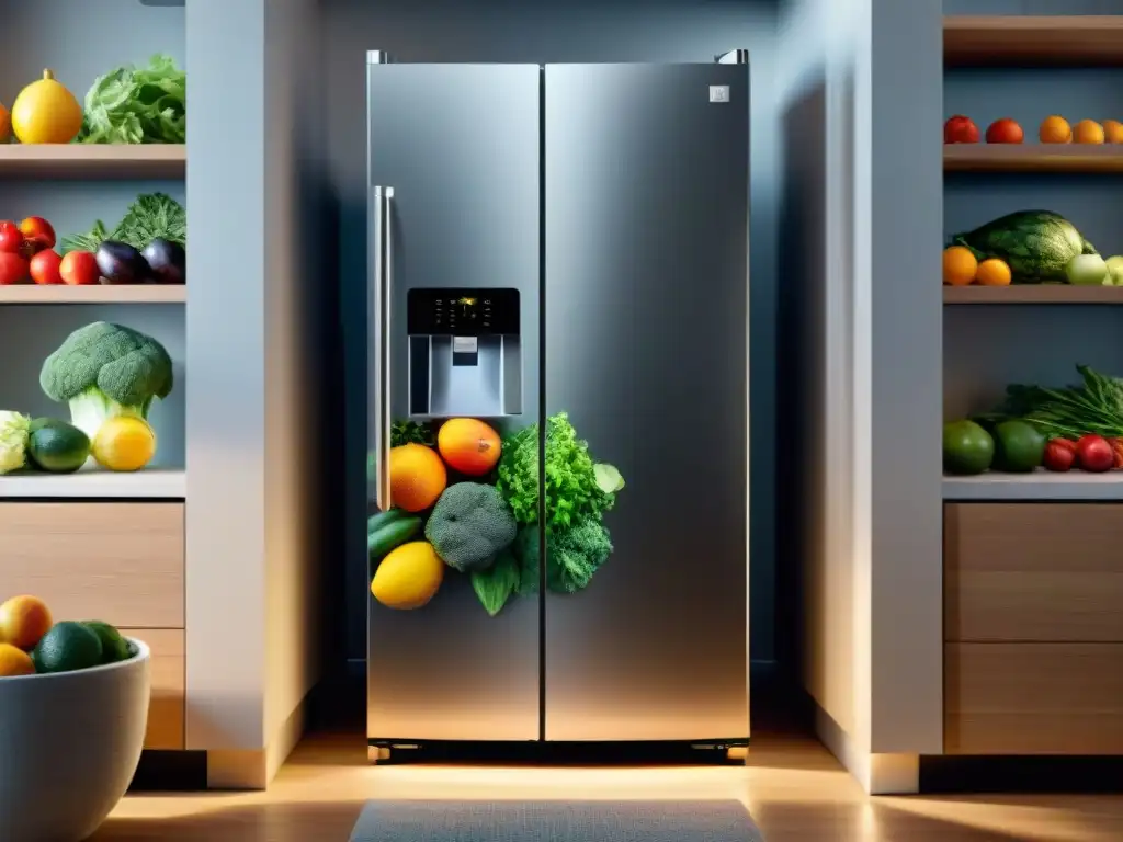 Un refrigerador moderno y ecoamigable con frutas y verduras frescas, iluminación cálida y acabado de acero inoxidable