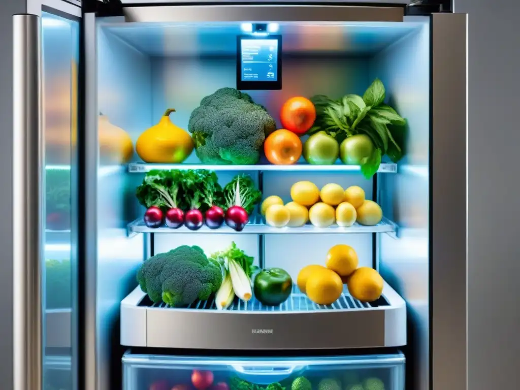 Un refrigerador moderno y eficiente lleno de alimentos frescos y organizados, con refrigeración sostenible para alimentos frescos