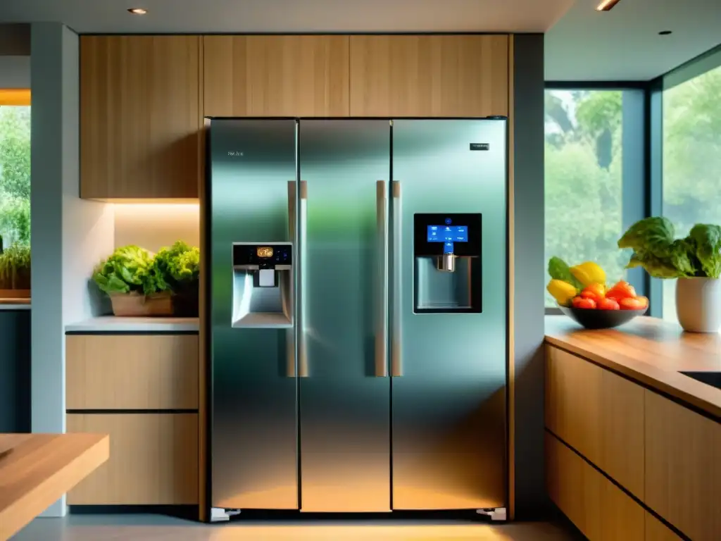 Refrigerador moderno con funciones eficientes para hogares sostenibles, lleno de alimentos frescos en una cocina eco-friendly