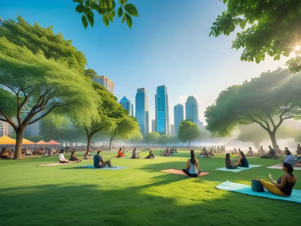 Un remanso de paz en medio de la ciudad: diversidad de personas disfrutando de actividades al aire libre en un bullicioso parque urbano