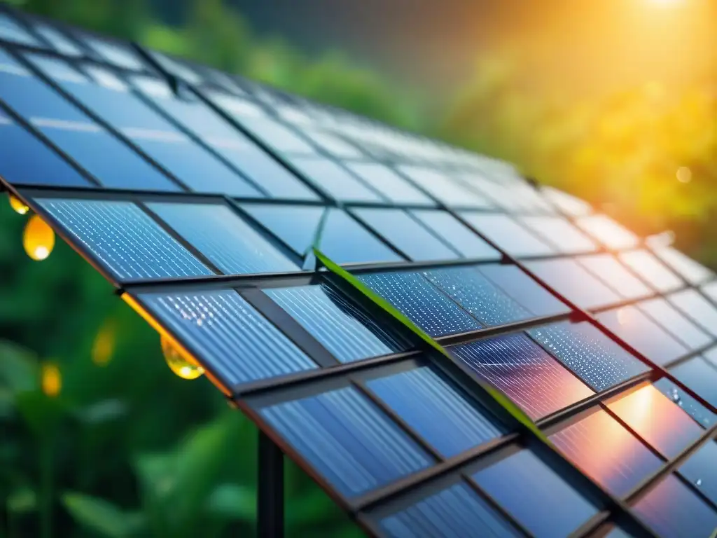 Rentabilidad de la energía solar: panel brillante con gotas de lluvia en un fondo verde vibrante, reflejando la eficiencia y ecología