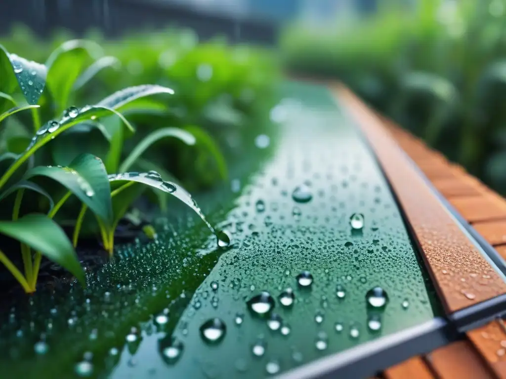 Rentabilidad sistemas recolección agua lluvia: Gotas de lluvia caen sobre un sistema ecoamigable, nutriendo plantas vibrantes