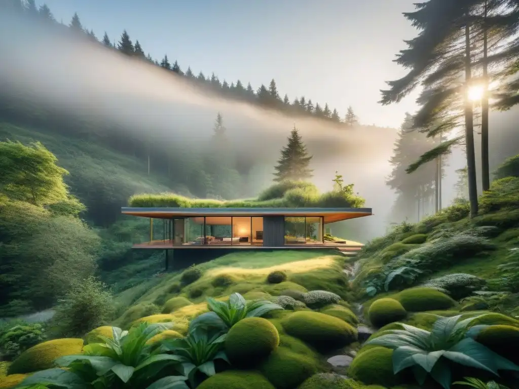 Casa ecológica en bosque: armonía y sostenibilidad Residencia ecoamigable en bosque vibrante