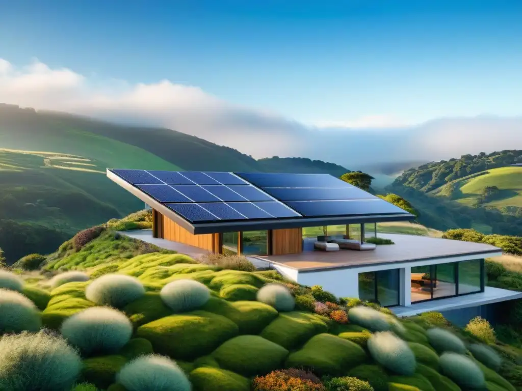 Residencia ecoamigable con IA hogares cero emisiones, paneles solares, techo verde y tecnología inteligente en paisaje sereno