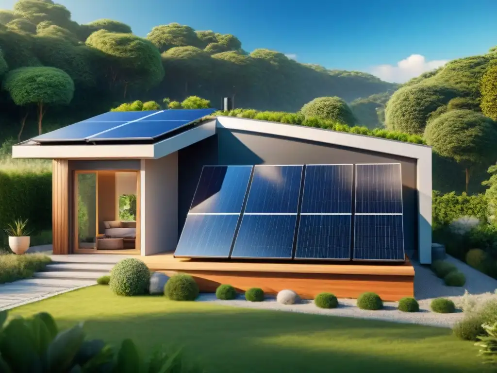 Residencia ecoamigable con paneles solares integrados en el techo, rodeada de vegetación exuberante bajo un cielo azul