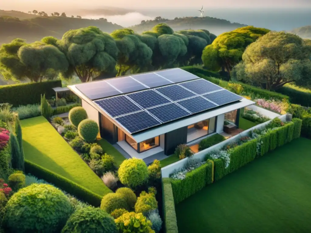 Residencia ecoamigable con paneles solares y sensor de gestión energética en jardín verde al atardecer