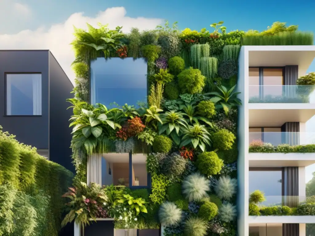 Residencia ecoamigable con jardín vertical exuberante y paneles solares en el techo, armonía de naturaleza y tecnología