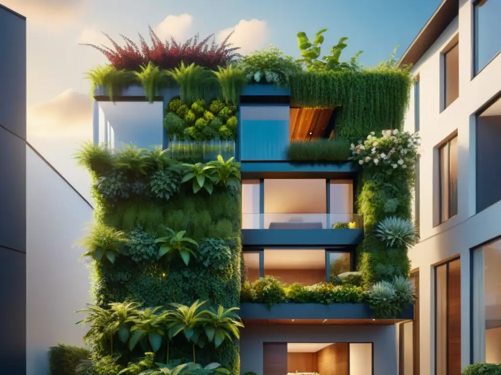 Residencia ecoamigable con jardín vertical y paneles solares, armonía entre naturaleza y tecnología