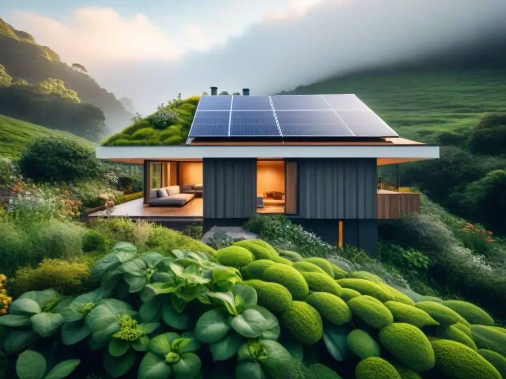 Residencia ecológica rodeada de naturaleza, paneles solares y diseño sostenible