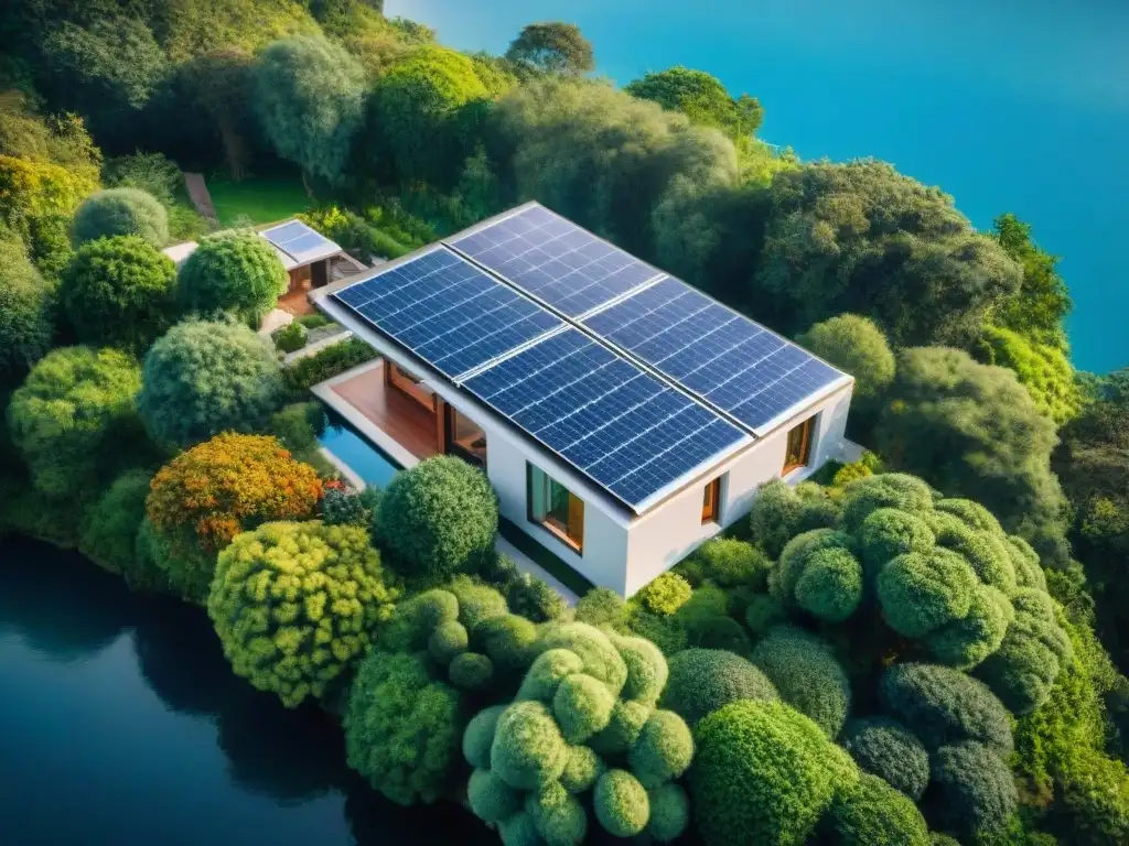 Residencia ecológica rodeada de naturaleza exuberante y paneles solares