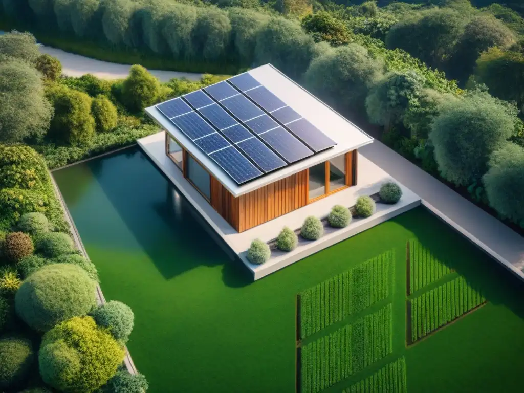 Residencia ecológica rodeada de vegetación, paneles solares y sistema de recolección de agua de lluvia