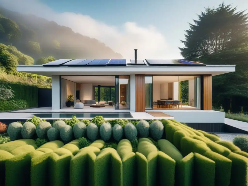 Residencia moderna ecoamigable con aislamiento térmico tecnología verde, paneles solares y vegetación exuberante