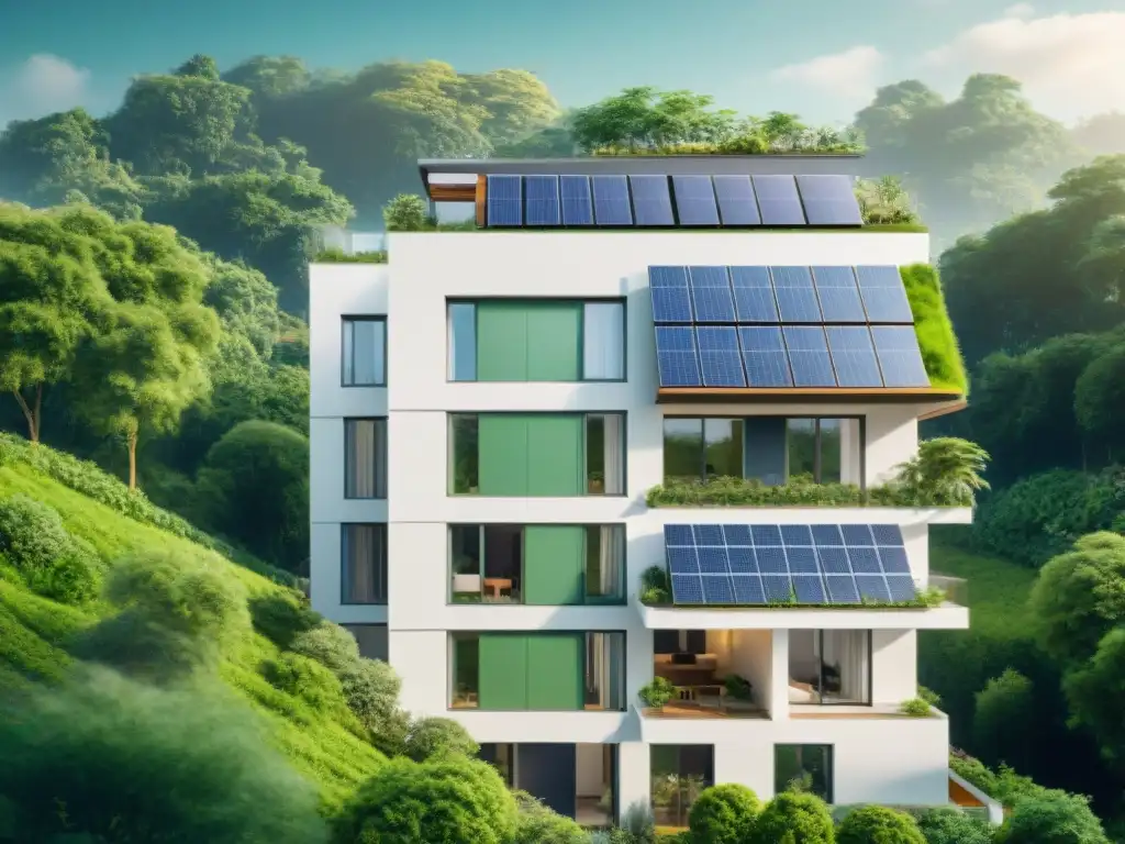 Residencia moderna ecoamigable rodeada de vegetación, con paneles solares y tecnologías verdes