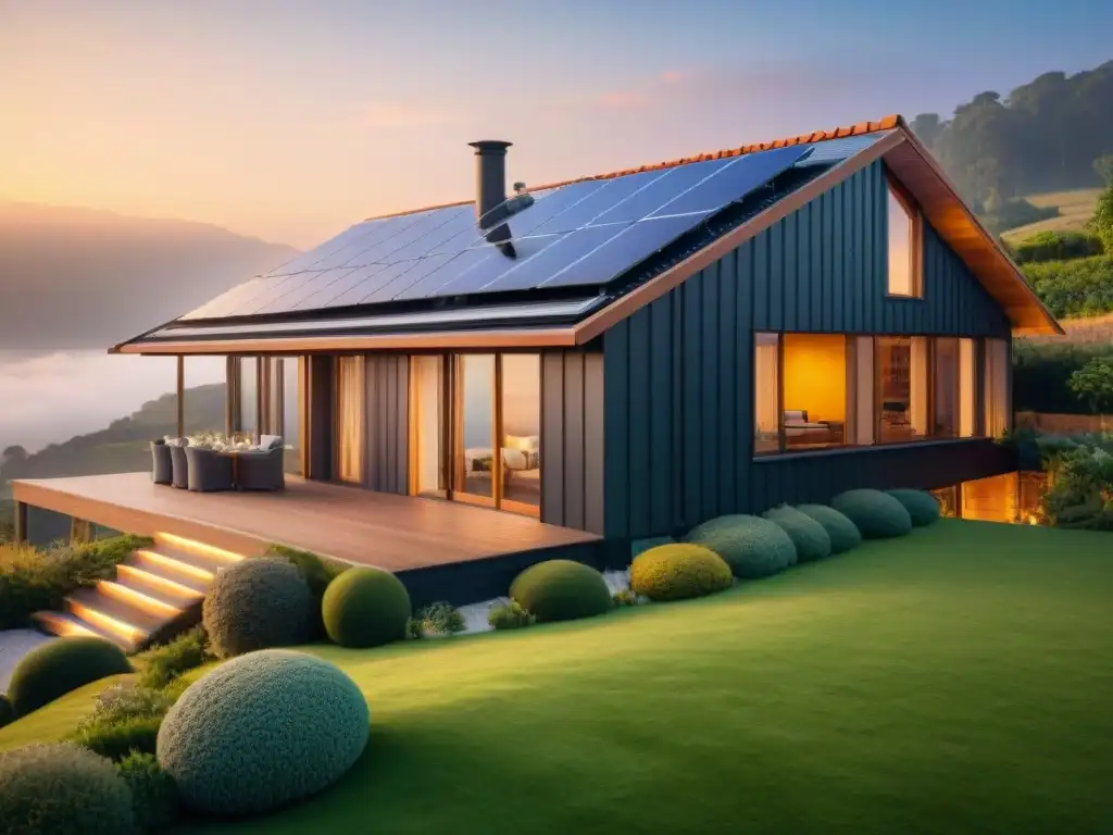 Residencia moderna con paneles solares para autosuficiencia energética, bañada por la luz del atardecer