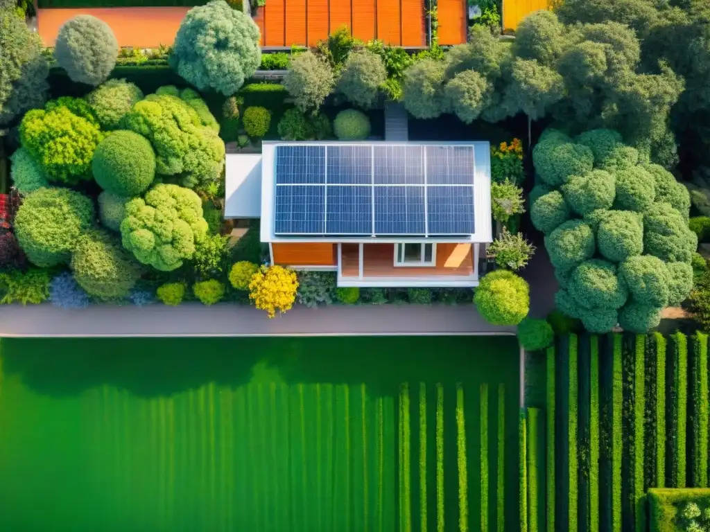 Residencia moderna con paneles solares rodeada de vegetación exuberante