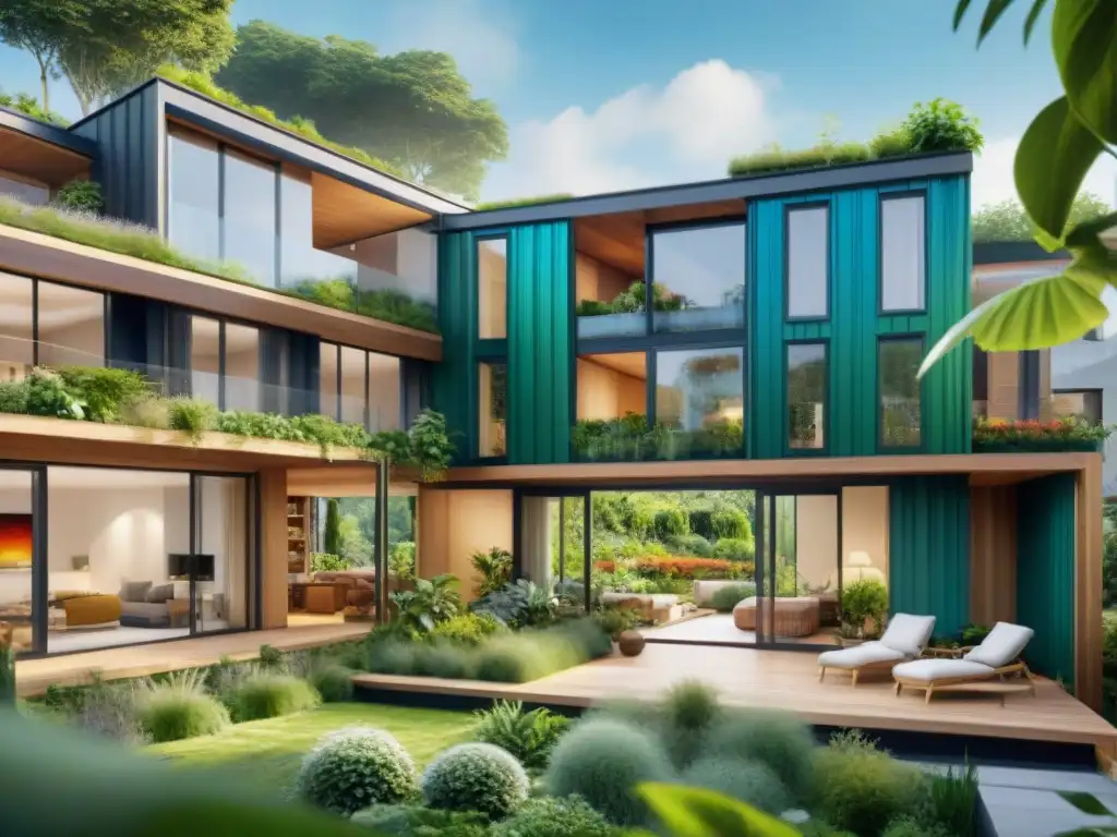 Residencia sostenible con diseño biofílico, eficiencia energética y personas disfrutando de la naturaleza