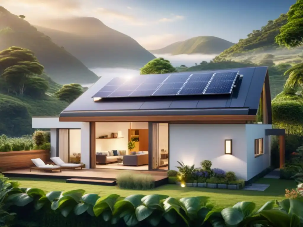 Hogar sostenible: armonía solar y tecnología eco Residencia sostenible con energía solar y electrodomésticos eficientes en armonía con la naturaleza al atardecer