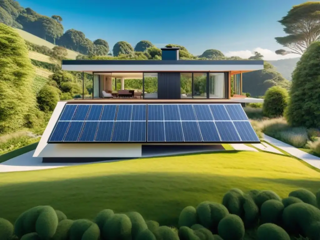 Residencia sostenible con paneles solares integrados, rodeada de naturaleza