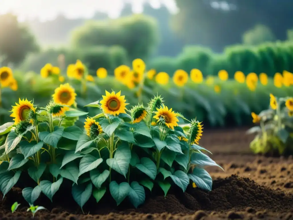 Un jardín residencial exuberante con plantas remediativas para suelos contaminados, destacando girasoles absorbentes de contaminantes