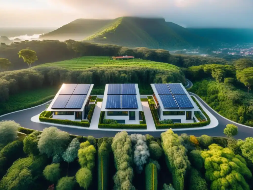 Residencias ecoamigables con paneles solares y diseño sostenible al atardecer