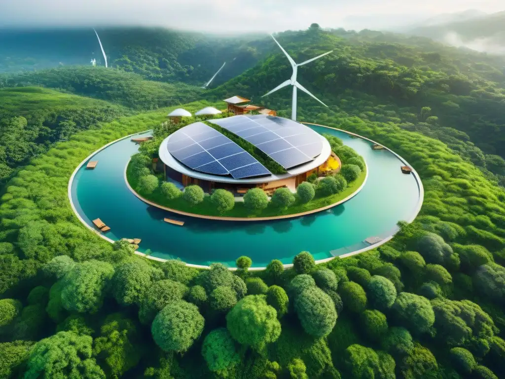 Un resort ecológico futurista rodeado de bosques verdes, con arquitectura sostenible innovadora y tecnologías verdes integradas