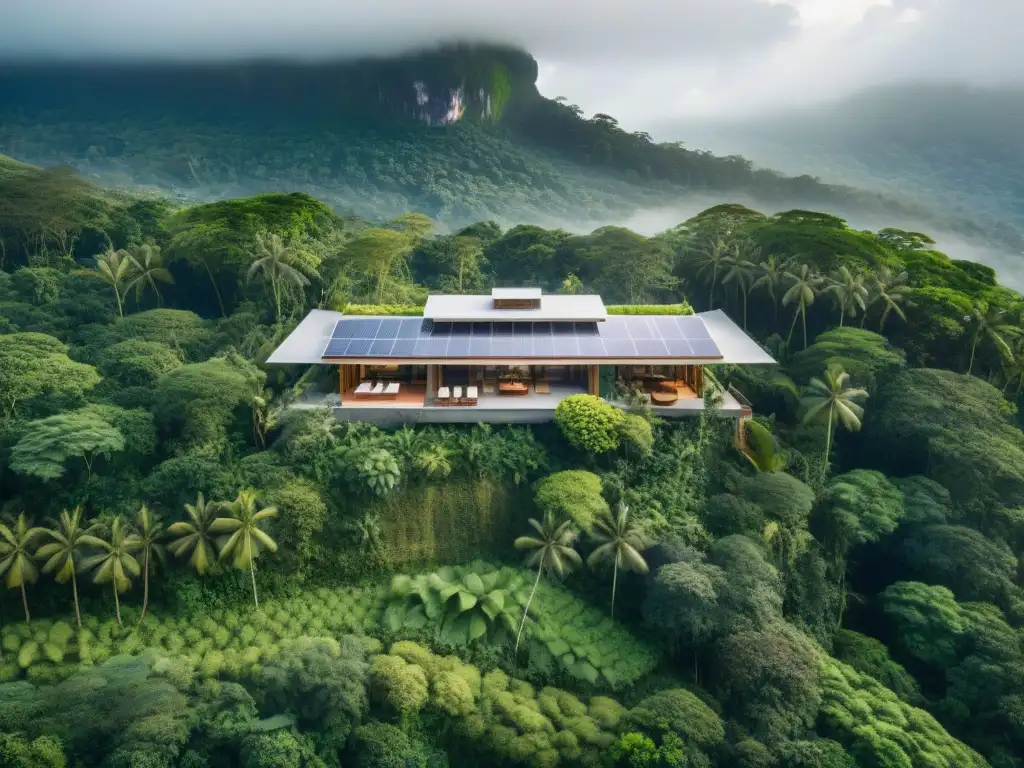 Un resort ecológico integrado en la selva tropical, mostrando arquitectura sostenible