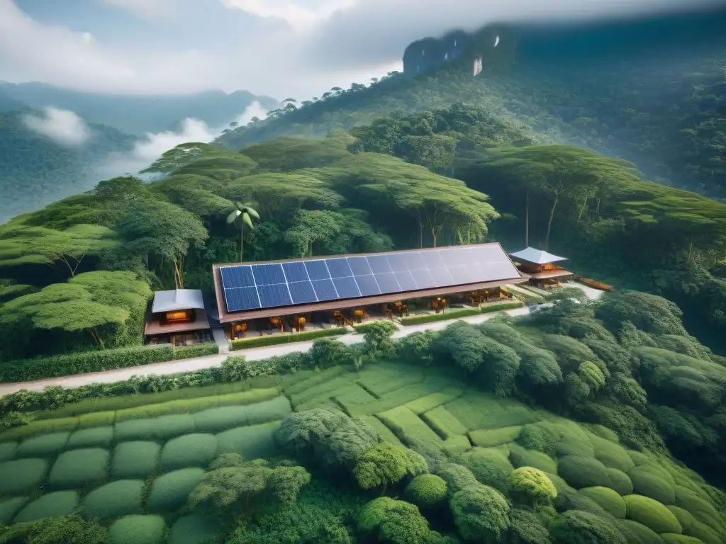 Resort ecológico en Asia: arquitectura sostenible integrada en selva tropical, paneles solares y jardines verdes