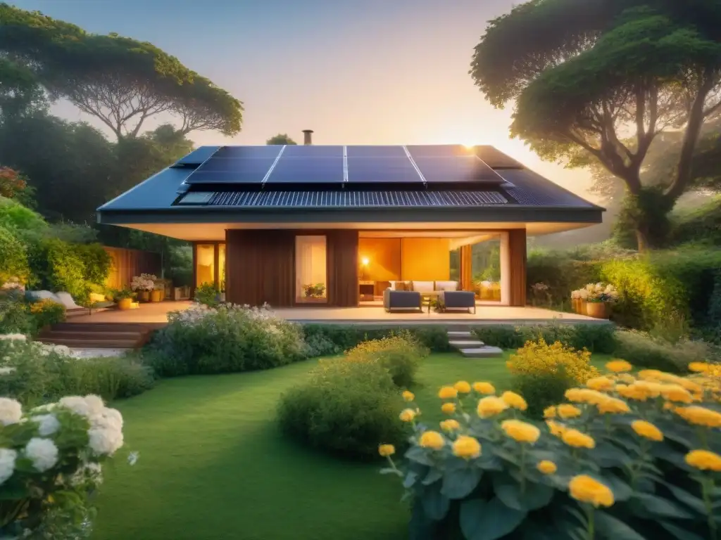 Resplandeciente hogar con paneles solares en el techo, rodeado de naturaleza exuberante y flores en flor