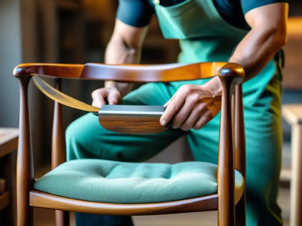 Restauración de muebles usados ecológica: artesano restaurando una silla de madera con detalle y cuidado