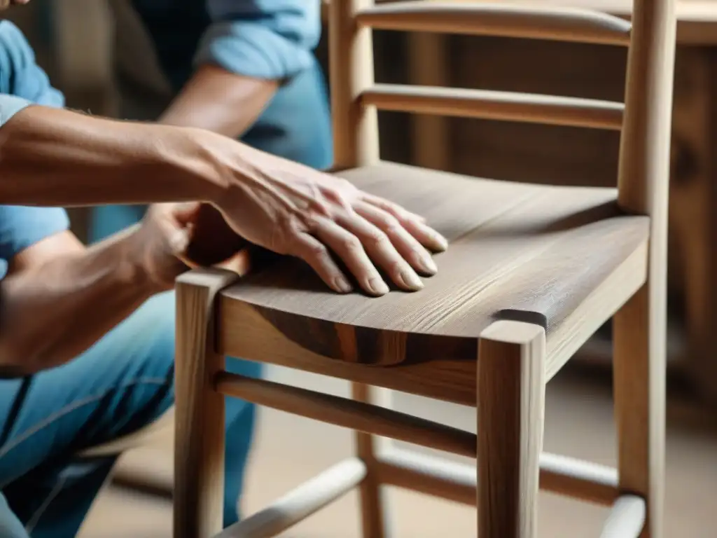 Restauración de muebles usados ecológica: Un artesano restaura con cuidado una silla de madera en un taller rústico