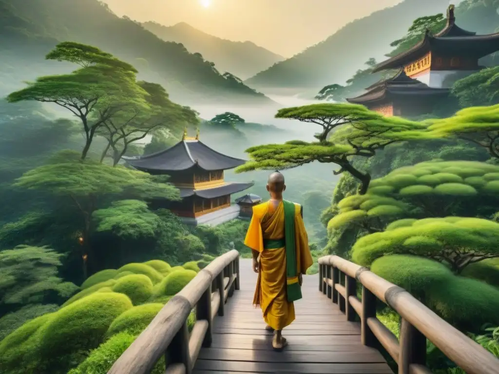 Monasterio budista en bosque asiático: armonía espiritual y natural Retiro ecológico en Asia: Un bosque exuberante y un monasterio budista en armonía, bañados por la luz dorada del sol