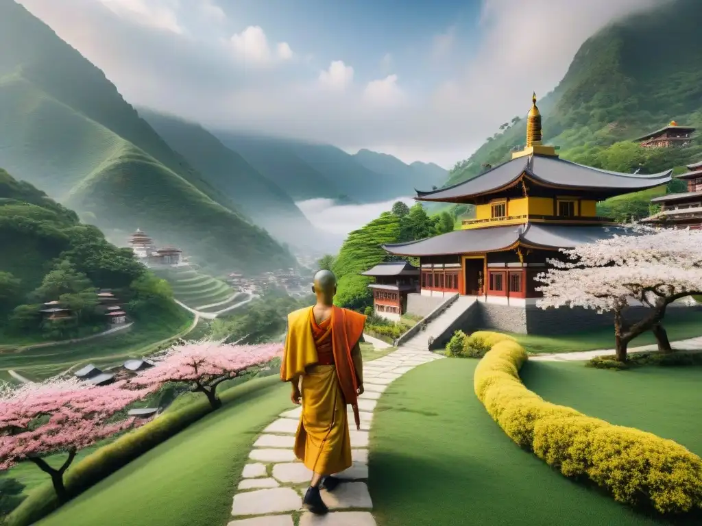 Monasterio budista en las montañas: arquitectura tradicional y naturaleza Un retiro ecológico en Asia: un monasterio budista en las verdes montañas, con monjes, banderas de oración y naturaleza serena