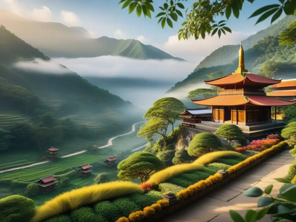 Monasterio budista en las montañas: serenidad y colorido Retiros ecológicos en Asia: Monasterio budista en las montañas, con detalles arquitectónicos, monjes y jardines vibrantes