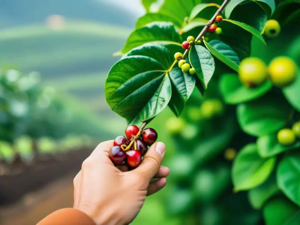 Un retrato detallado de agricultores en una plantación de café, recolectando cerezas bajo el sol