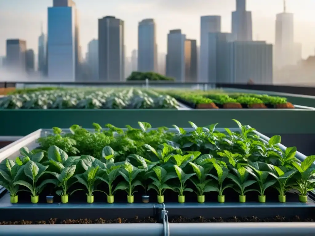 Riego eficiente en huerto urbano sostenible con plantas verdes y skyline al fondo