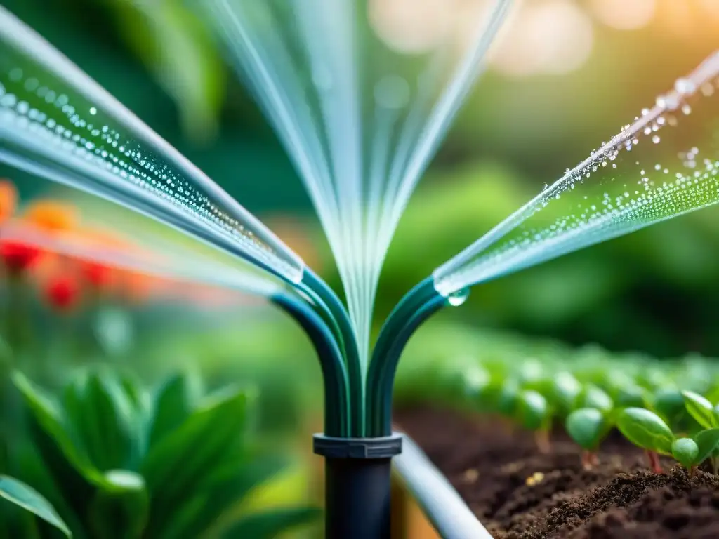 Un riego inteligente para jardín sostenible: tecnología y naturaleza en armonía, con gotas de agua suspendidas en el aire