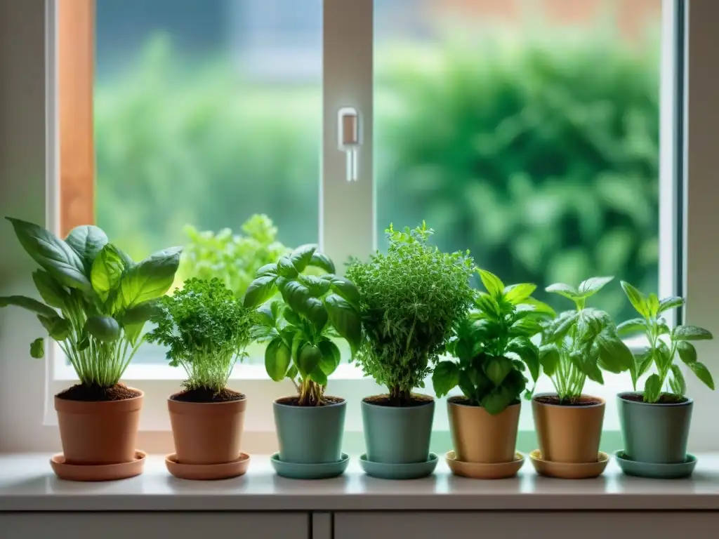 Un rincón soleado de la cocina con hierbas vibrantes en macetas