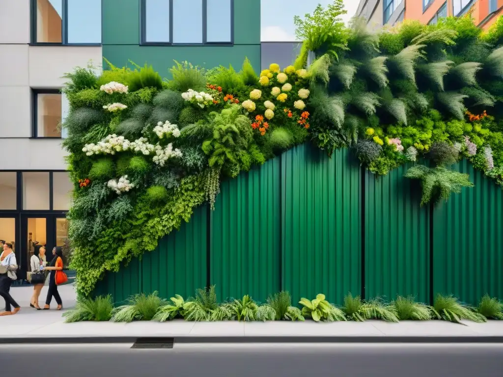 Un rincón urbano bullicioso se transforma en un oasis exuberante, con muros vivos de arquitectura sostenible repletos de vegetación