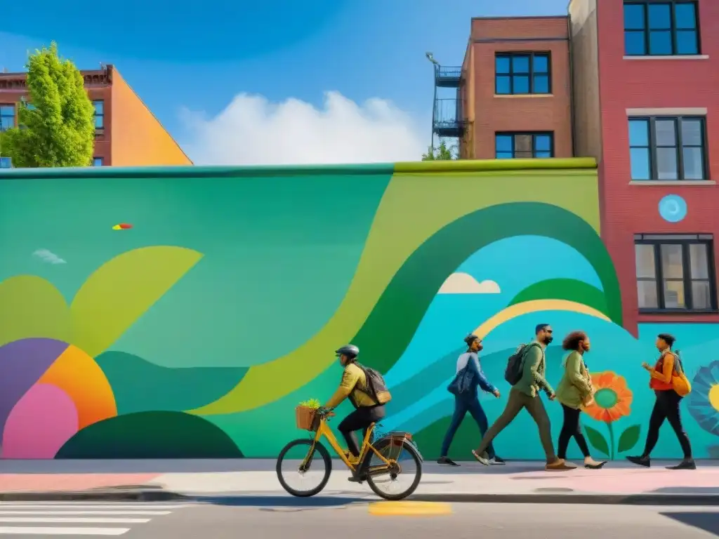 Un rincón urbano lleno de arte callejero vibrante que refleja tácticas urbanas sostenibles como espacios verdes, carriles bici y huertos comunitarios