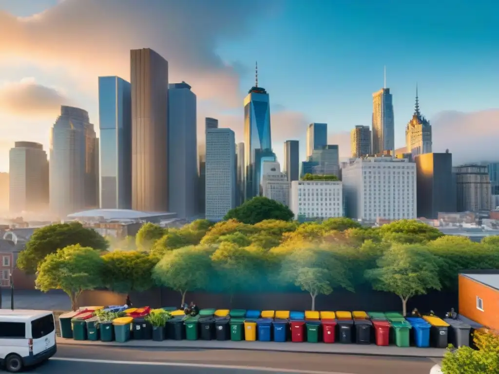 Un rincón urbano donde las personas lideran iniciativas de reciclaje en la ciudad al atardecer