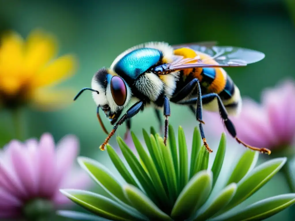 Un robot polinizador del futuro recolectando polen de una flor en un jardín sostenible, fusionando tecnología y naturaleza