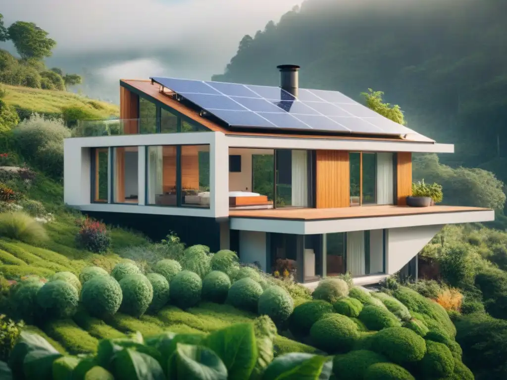 Casa ecológica offgrid rodeada de vegetación, paneles solares en el techo y jardín, representando viviendas offgrid respetuosas con el planeta