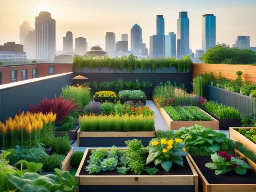 Rooftop garden en arquitectura sostenible y autosuficiente, con diversidad de personas cultivando y abejas polinizando en la ciudad