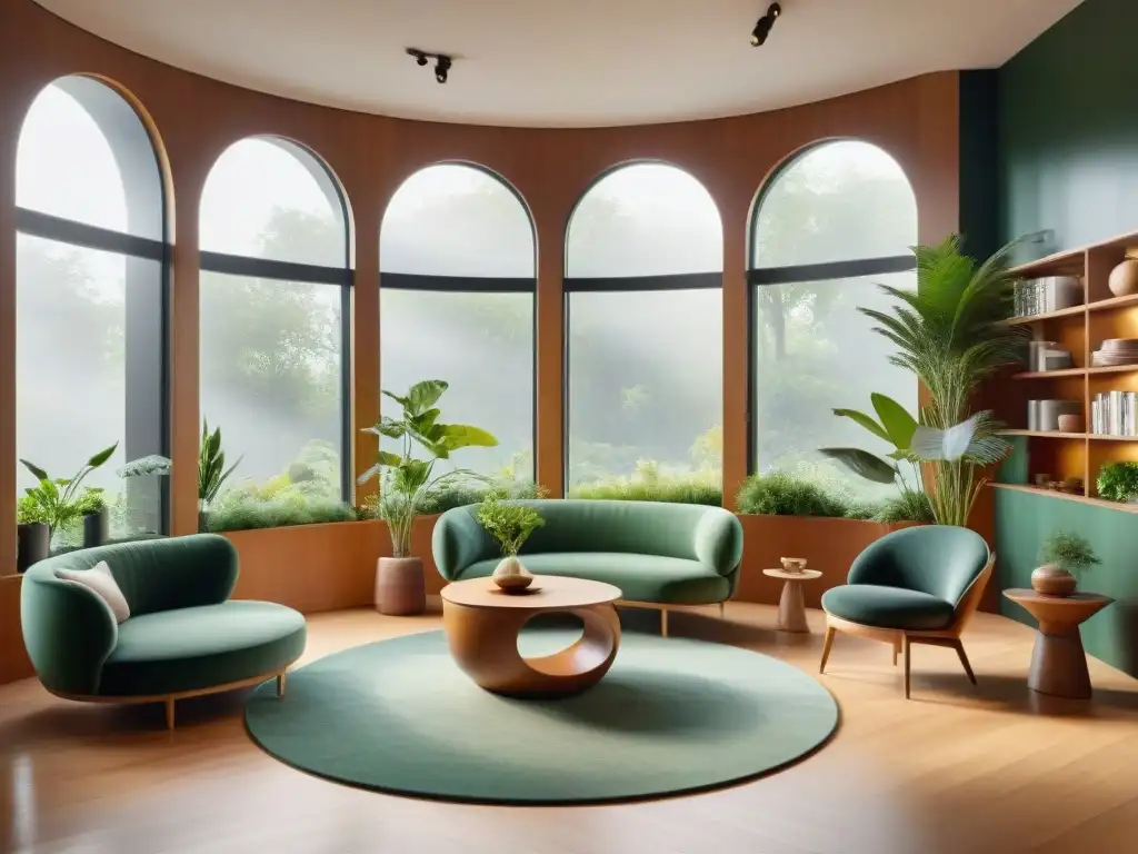 Un salón circular con diseño sostenible: muebles reciclados, materiales eco y luz natural