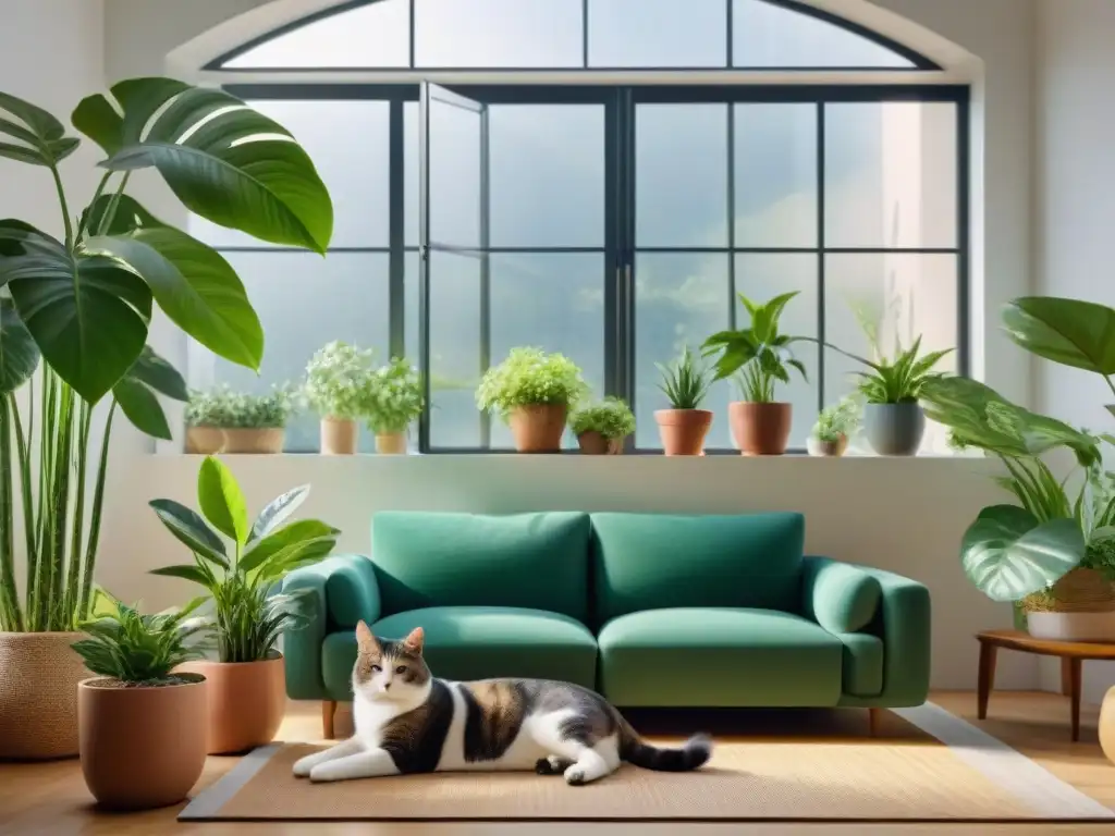 Un salón luminoso y aireado con plantas, mascotas relajadas