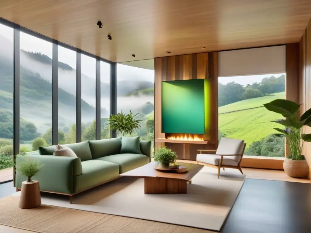 Salón ecológico con materiales sostenibles diseño interiores y vista a paisaje verde